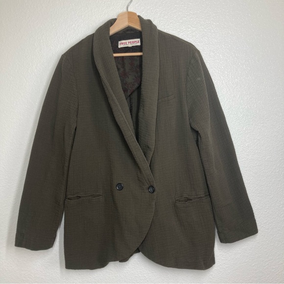 free People Rowan Blazer Gauze Cotton Olive Green Boho Médium Oversize Button Up - Picture 10 of 16